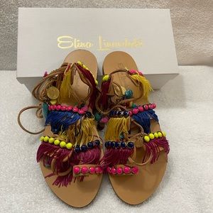 Elina Linardaki Greek Gladiator Beaded Fringe Sandal Handmade in Greece Size 7